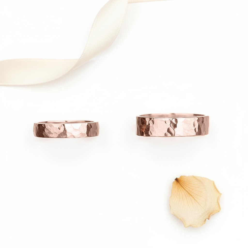 Luma rose gold hammered wedding rings