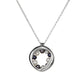 14KT white gold necklace with a circular, organic pendant featuring black and white pearls 