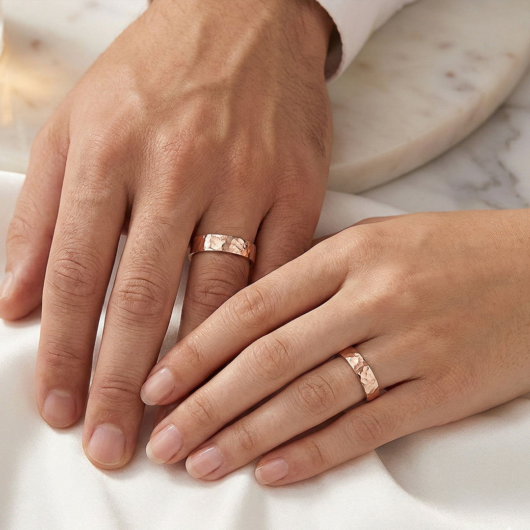 Luma rose gold hammered wedding rings
