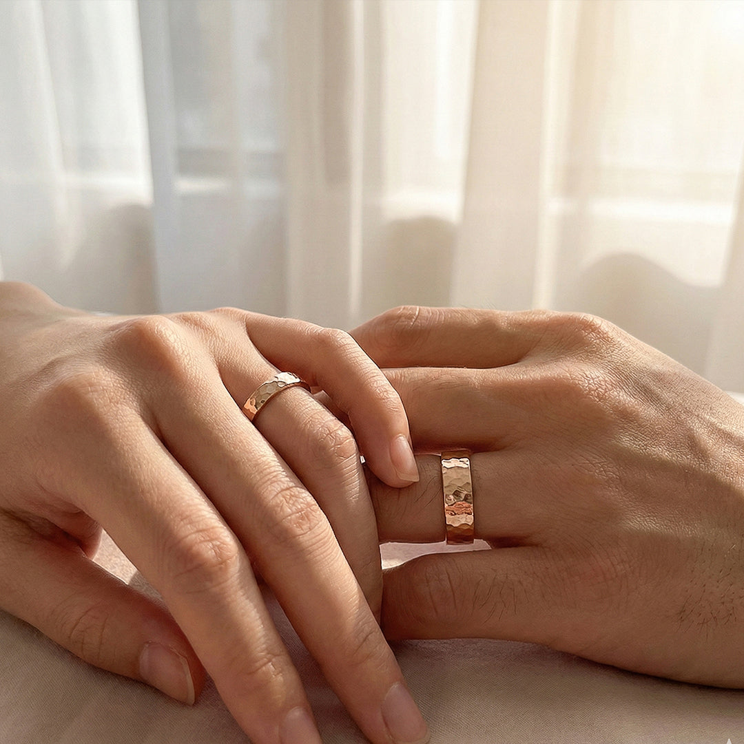 Luma rose gold hammered wedding rings