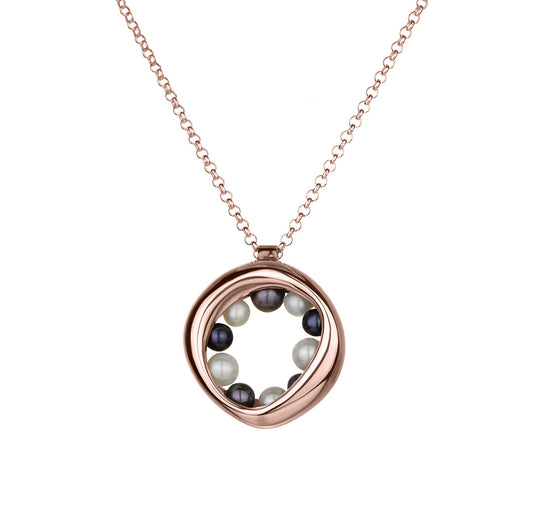 14KT rose gold necklace with a circular, organic pendant featuring black and white pearls