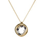 14KT yellow gold necklace with a circular, organic pendant featuring black and white pearls 