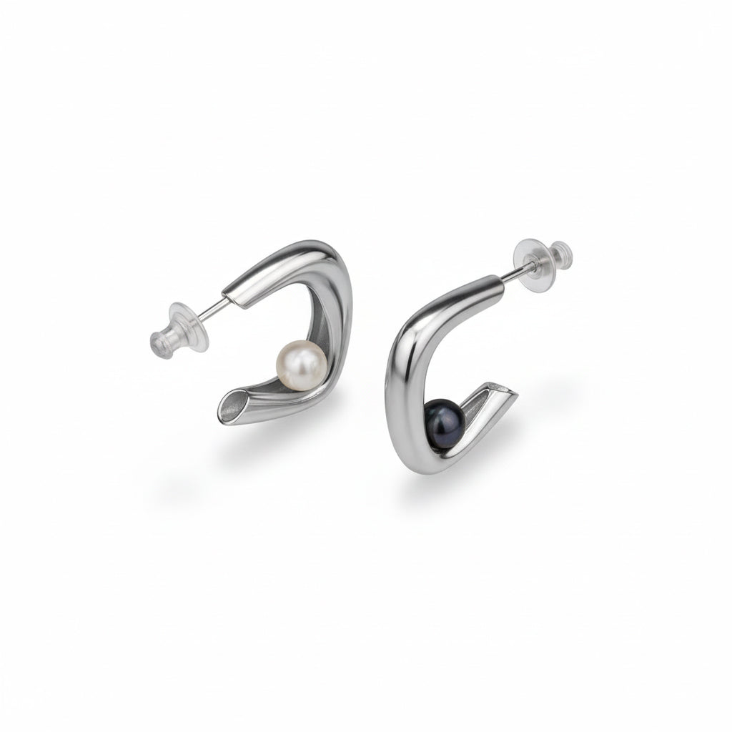 Aura earrings white gold sterling silver white black pearl